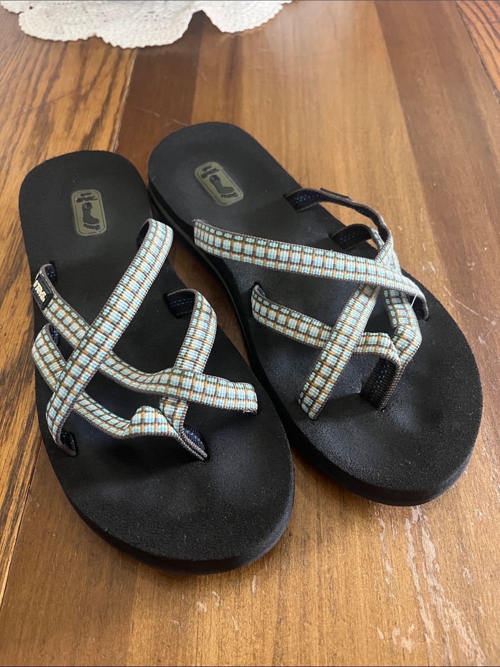 Teva Black Sandals with Blue and Tan Plaid Straps